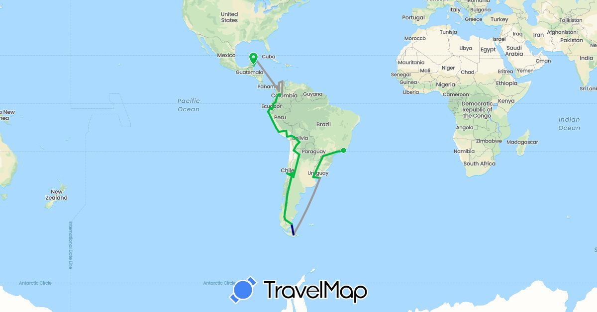TravelMap itinerary: driving, bus, plane, boat in Argentina, Bolivia, Brazil, Chile, Colombia, Ecuador, Mexico, Peru, Uruguay (North America, South America)